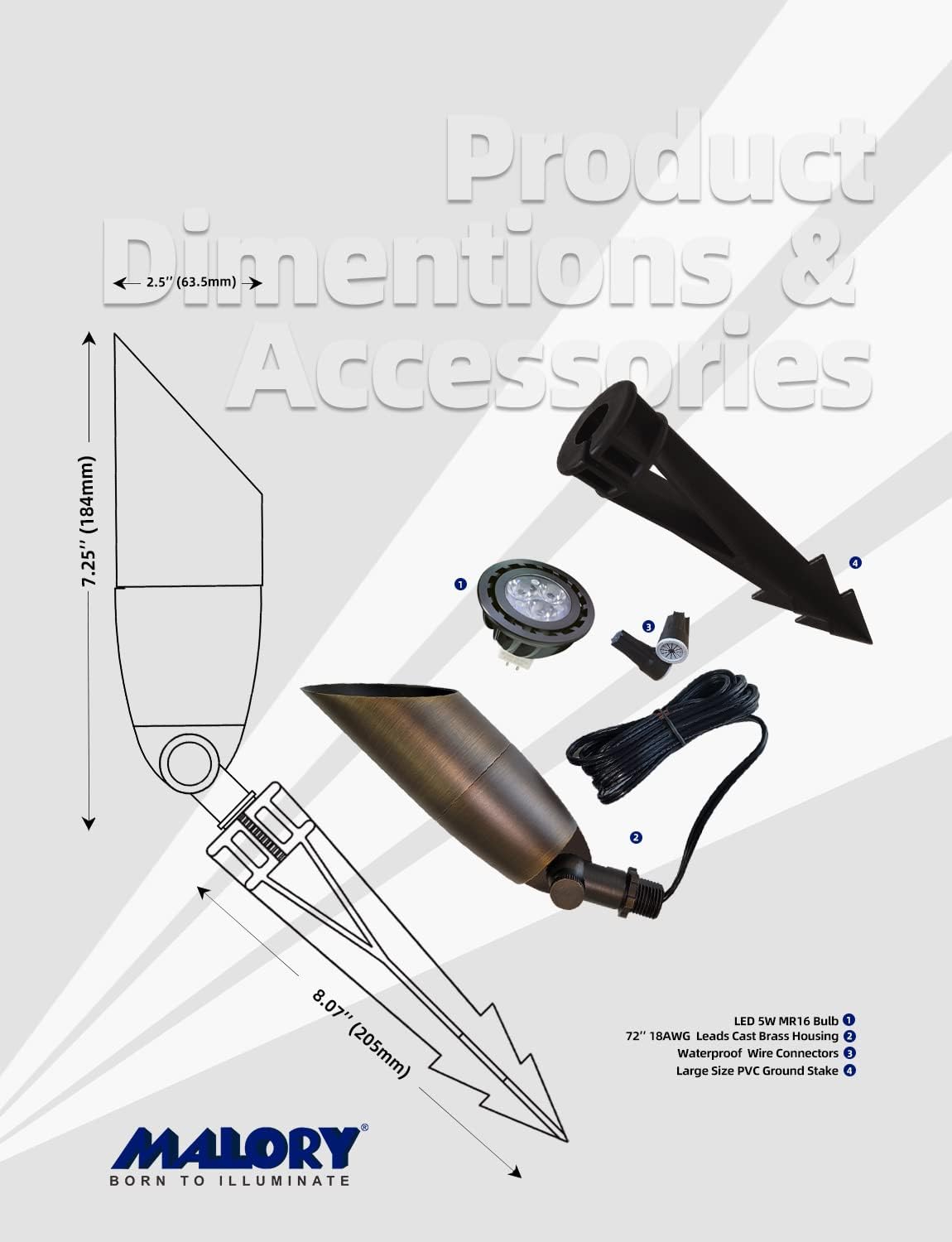 MALORY Solid Brass Landscape Spotlight 6-Pack with Bulb(S06), Low Voltage Front and Backyard Landscape Lighting with Large Rugged Slot Spike & Wire Connector,12V AC/DC Garden Patio Spot Up Light