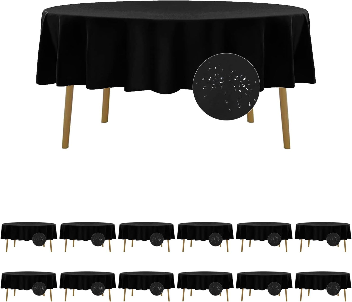 Fokitut 12 Pack Waterproof Round Tablecloth, 90 Inch, Stain Resistant and Wrinkle Polyester Table Cloth, Fabric Table Cover for Kitchen Dining, Wedding, Party, Holiday Dinner-Black