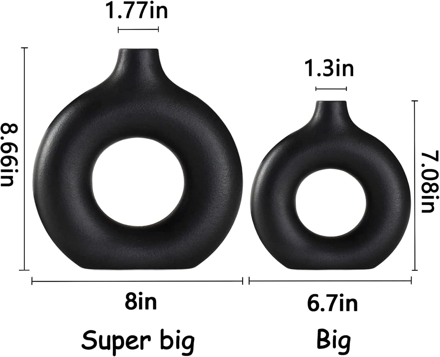 Black Ceramic Vase Set of 2 for Modern Boho Decor,Round Matte Pampas Flower Vases Minimalist Nordic Boho Ins Style for Wedding Dinner Table Party Living Room Office Bedroom, Decorative Gift