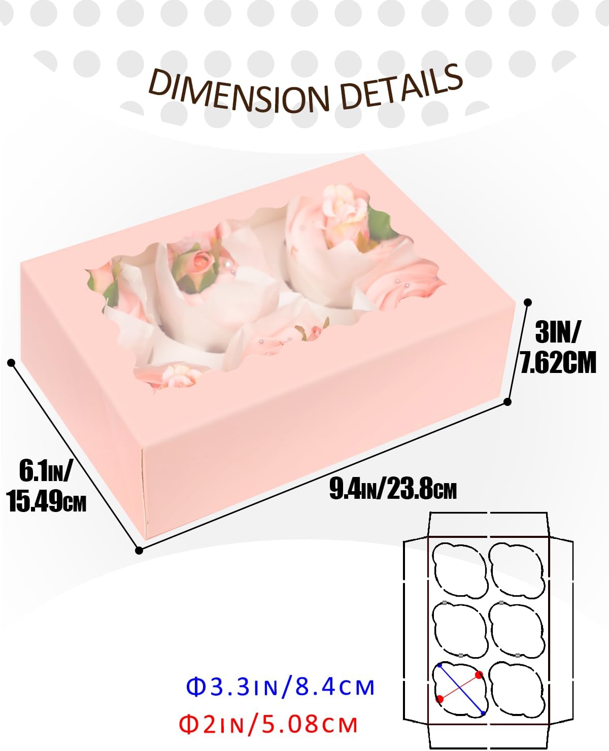 qiqee Pink Auto-pop up 6 Cupcake Boxes with Window 30 Packs Cupcake Box 9"x6.1"x3.3" Bakery Boxes For Cupcakes Carrier, Cupcake Containers