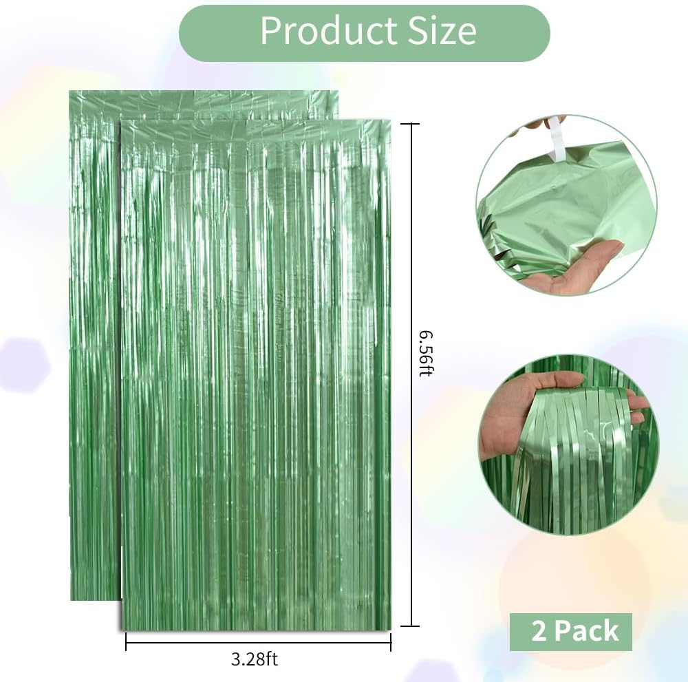 BEISHIDA 2 Pcs Light Green Door Streamers Tinsel Curtain Party Backdrop Fringe Foil Wall Background for Birthday Halloween Christmas Wedding Boys Babyshower Party Decoration(3.28 ft x 6.56 ft)