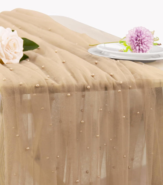 Pearl Table Runner 29 x 120 Inch Tulle Fabric Lace Table Runners Boho Rustic Tablecloth for Bridal Shower Birthday Party Wedding Arch Aisle Veil Dessert Table Decor(1 Pack, Nude)