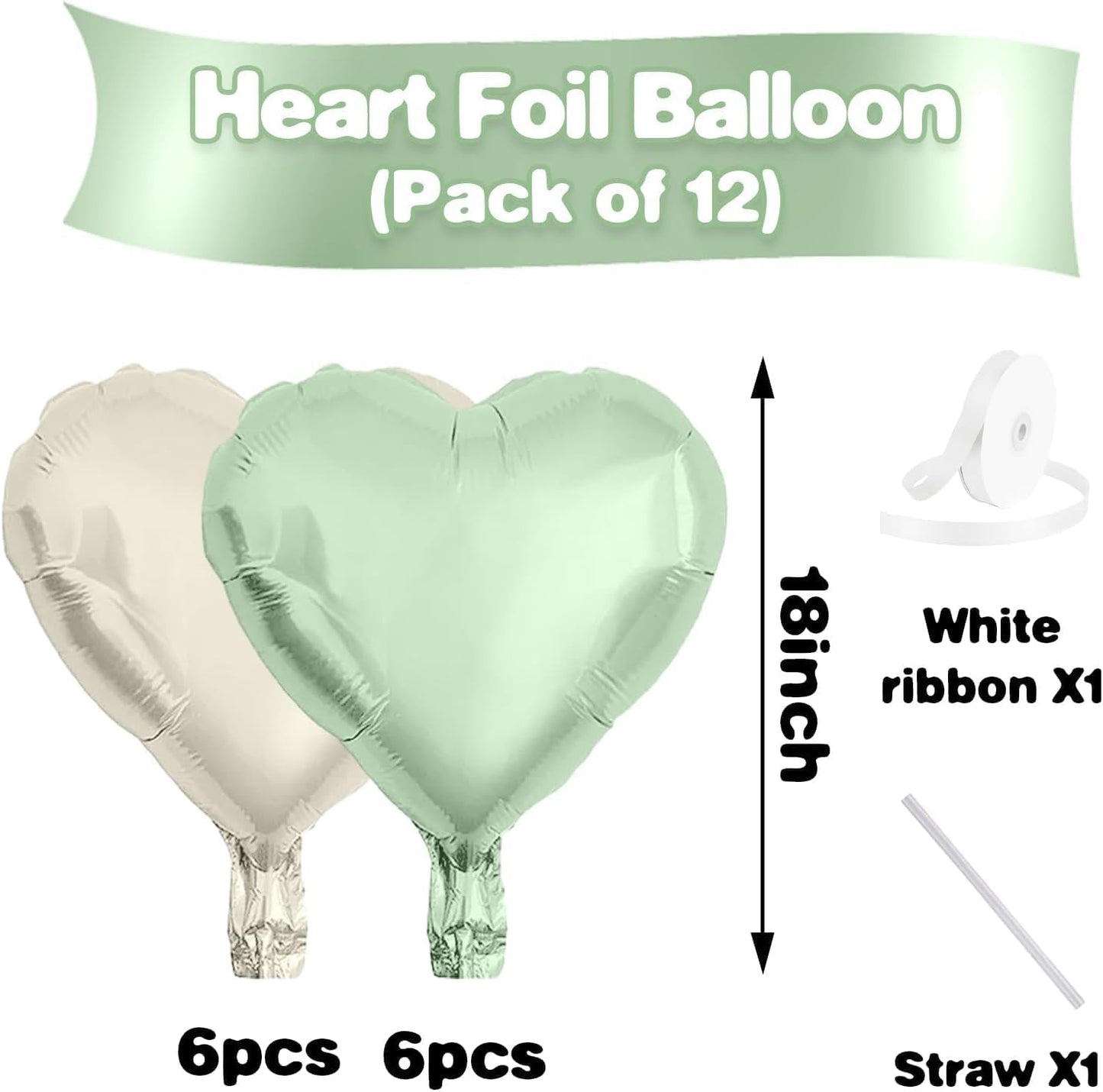 Sage Green White Heart Balloons,12Pcs 18 Inch Oliver Green Cream Foil Love Heart Shaped Balloons for Baby Shower Birthday Party Bridal Engagement Wedding Anniversary Valentines Day Decorations