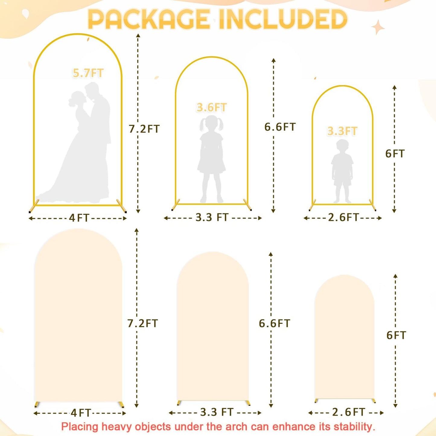 Wedding Arch Backdrop Stand and Beige Arch Cover Set of 3 (7.2FT, 6.6FT, 6FT) Metal Arch Stand Balloon Arched Frame Backdrop with Spandex Arch Stand Cover for Birthday Party Baby Shower Graduation