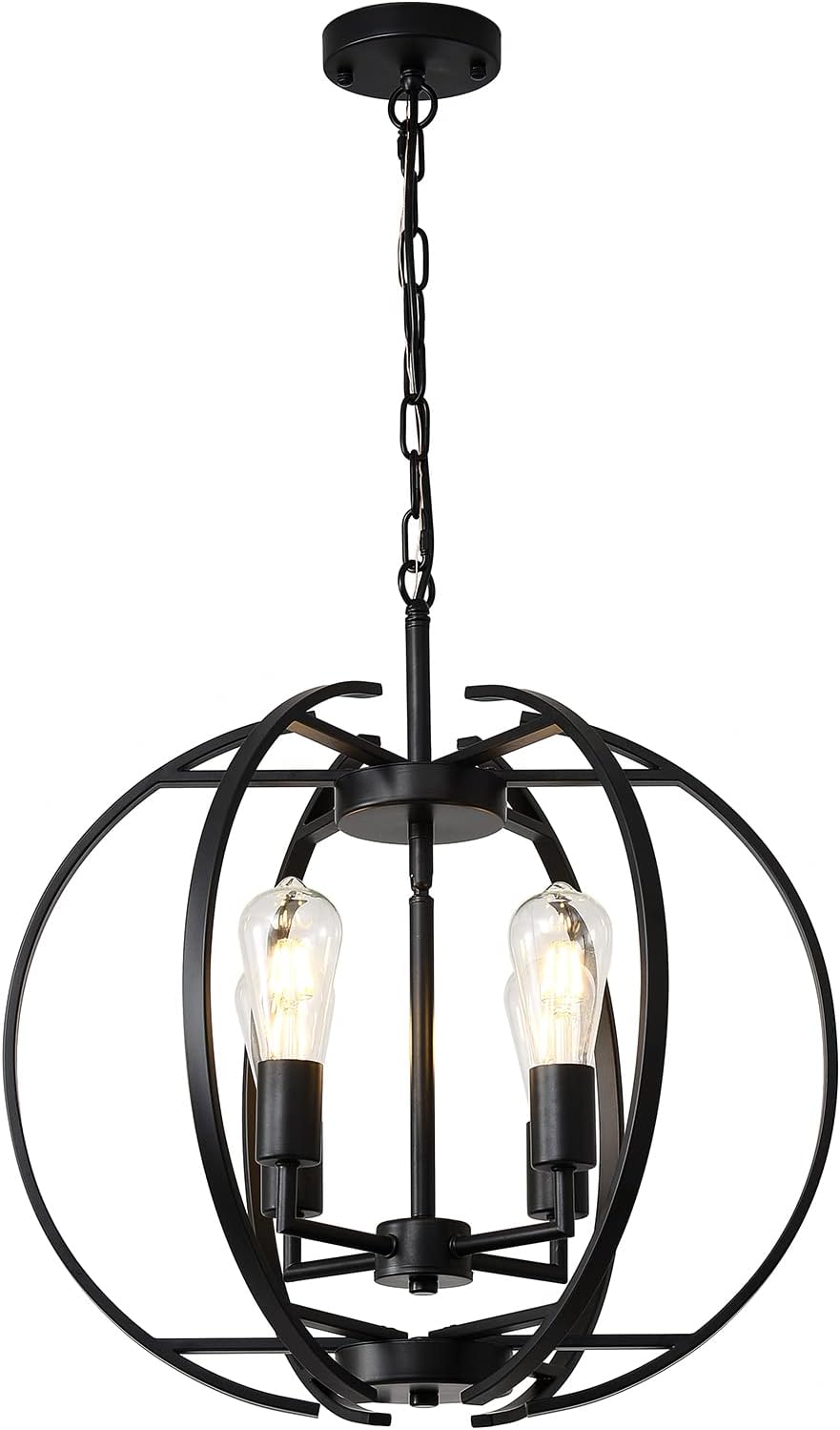 Large Lantern Globe Black Chandelier Lighting, Farmhouse Chandelier Adjustable Pendant Lighting Fixtures Hanging Ceiling 4 Light for Kitchen, Dining Room, Living Room, Hallway