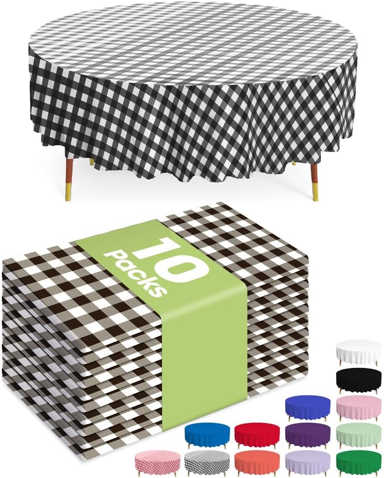 Pureegg Plastic Table Cloth Disposable 10 Pack, 84'' Round Table Cloths, Party, Picnic, Decorative Gingham Tablecloths, Round, Black and White Checkered Cover, Leakproof & Sturdy, Black Plaid