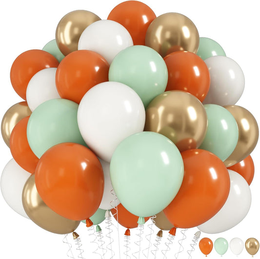 Fall Balloons Set, 12 Inch Thanksgiving Balloons, Retro Burnt Terracotta Rust Orange Dusty Sage Mint Green White Metallic Gold Latex Balloon for Thanksgiving Autumn Harvest Fall Birthday Decorations