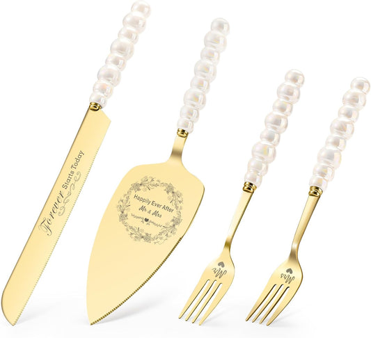 Wedding Cake Knife and Server Set,Gold Cake Cutting Set for Wedding,Ceramic Pearl Handle Wedding Cake Cutting Set for Engagements,Weddings, Anniversaries,and Engagement Gifts for Couples