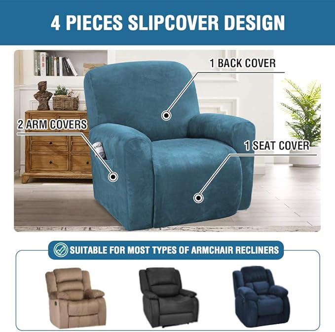 H.VERSAILTEX Velvet Stretch Recliner Couch Covers 4-Pieces Style Recliner Chair - Image 2