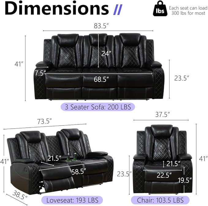 Power Reclining Sofa Set, Living Room Furniture Sets, Leather Power Recliner - Image 2