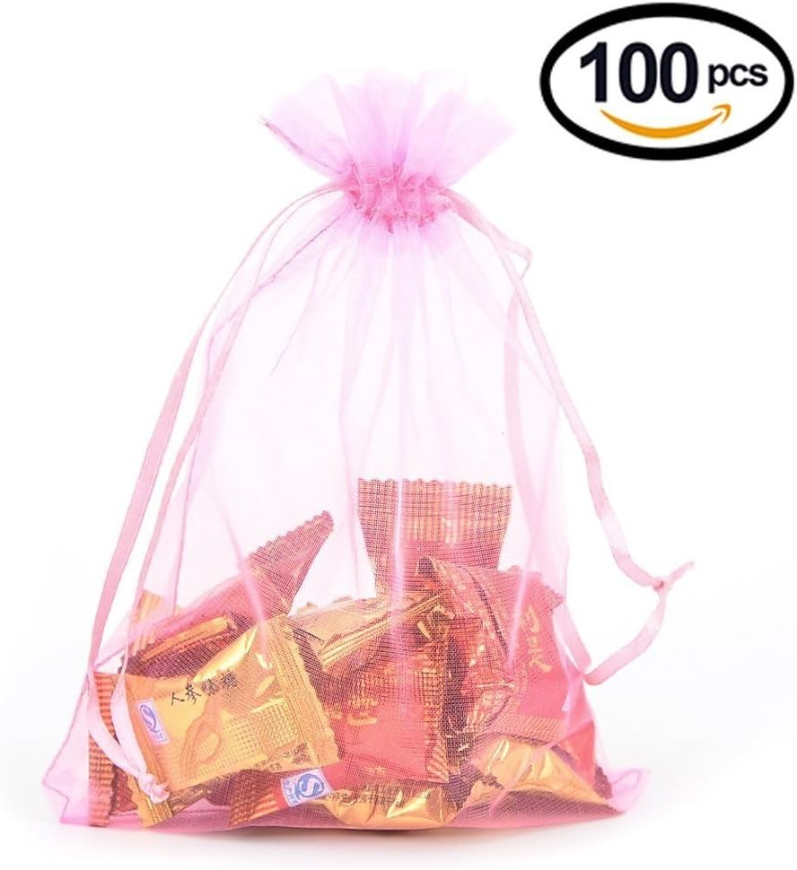 Wudygirl 100pcs Sheer Pink 5''X7 Organza Bags with Drawstring Jewelry Lipstick Pouches Baby Shower Party Wedding Favors Chocolate Candy Bags (Pink 5x7)