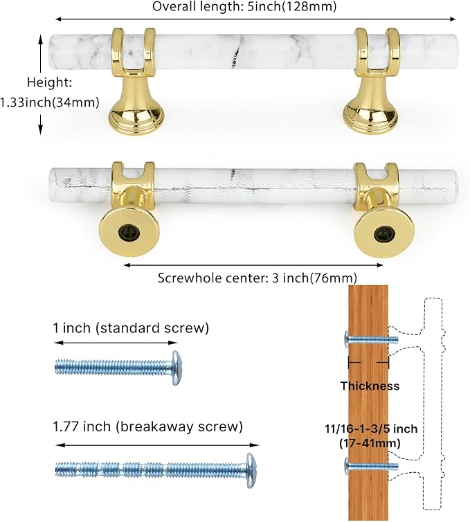 Rergy Cabinet Handles Marble Drawer Pulls and Knobs, T-Bar Hardware - Image 2