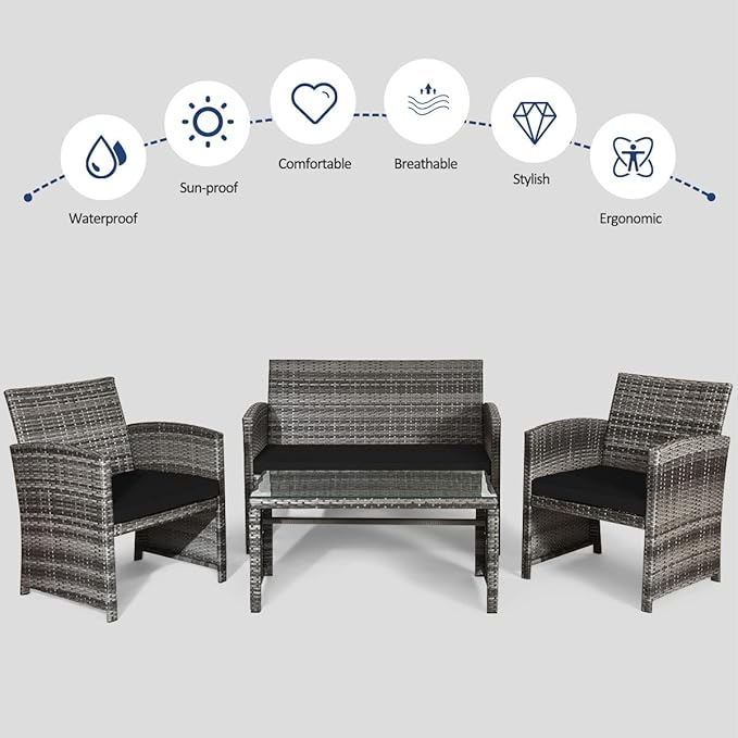 Tangkula 4 PCS Wicker Patio Conversation Set, Outdoor Rattan Sofas - Image 9