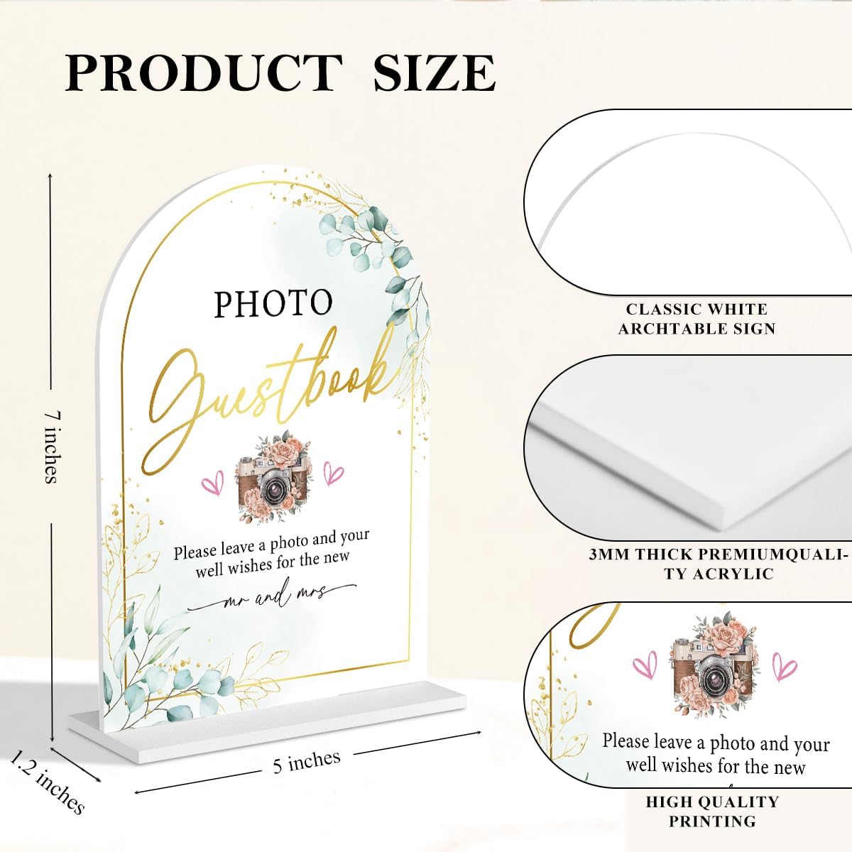 Acrylic Wedding Sign for Ceremony & Reception - 5x7 Inch White Guest Book, Photo Guest Book, Cards & Gifts - Wedding Decor Bundle