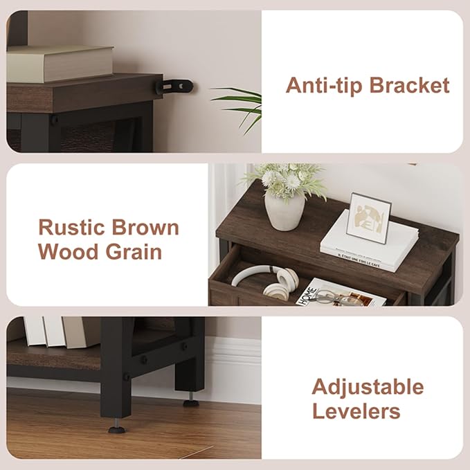 FATORRI Small Bookcase with Drawer, Industrial 3 Shelf Bookshelf, Wood and - Image 4