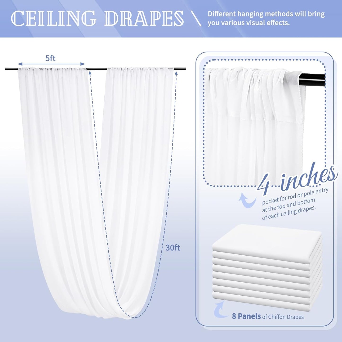8 Panels White Ceiling Drapes for Wedding 5ftx30ft Sheer Drapery Chiffon Fabric Arch Draping Curtains for Party Ceremony Birthday Baby Shower Reception Stage Ceiling Decorations