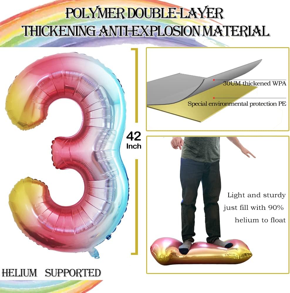 GOER 2 Pcs 42 Inch Rainbow Foil Balloons Number 3,Huge Number Balloons for 3rd 33rd Birthday Party Supplies Anniversary Decorations