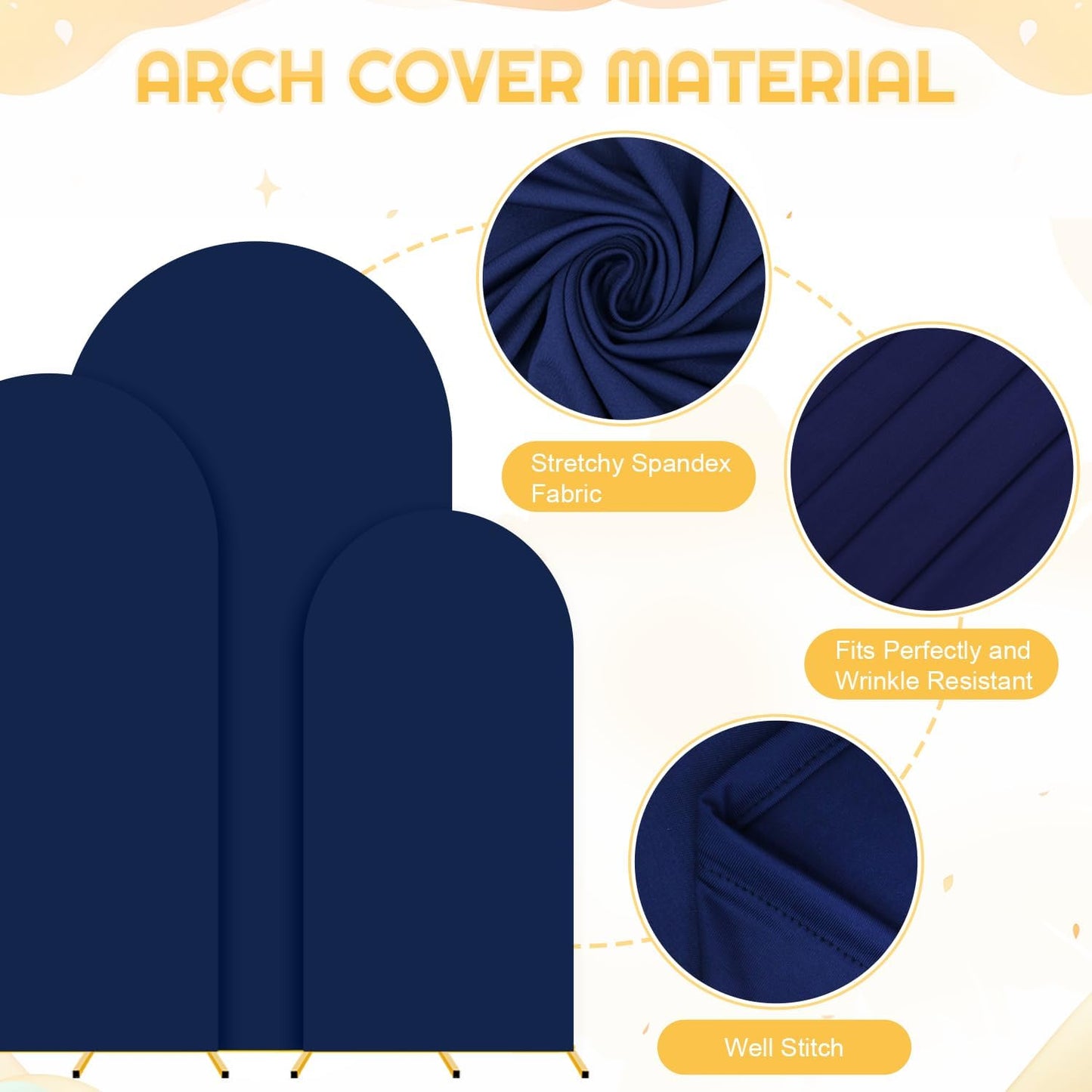 Party Arch Backdrop Stand and Cover Set of 3 (7.2FT, 6.6FT, 6FT) Metal Arch Stands with Navy Blue Arch Covers Stretchy Backdrops Wedding Arch Backdrop Stands Cover for Birthday Banquet Ceremony Decor