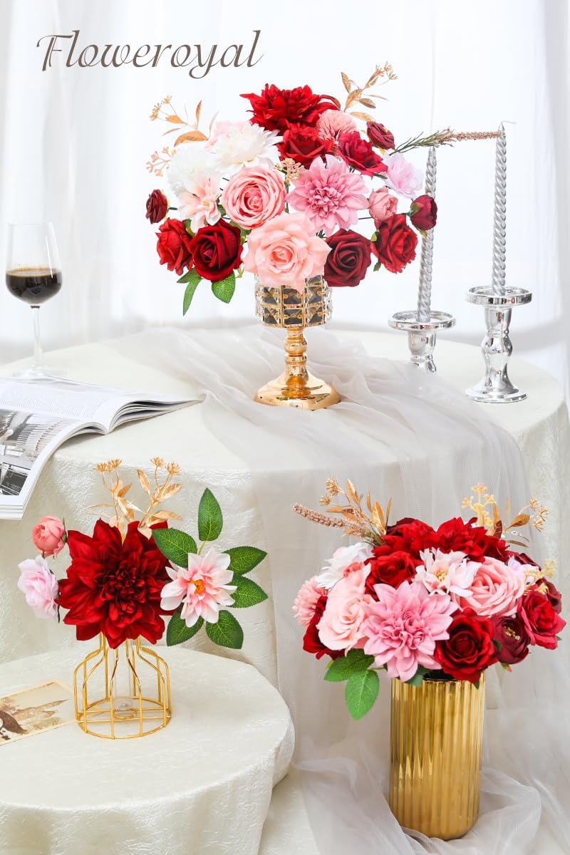 Floweroyal Artificial Flowers Combo Red Flowers Mix Silk Flowers Dahlia Roses with Stems for DIY Wedding Bridal Bouquets, Baby Shower, Floral Arrangement, Table Centerpieces, Home Decorations.