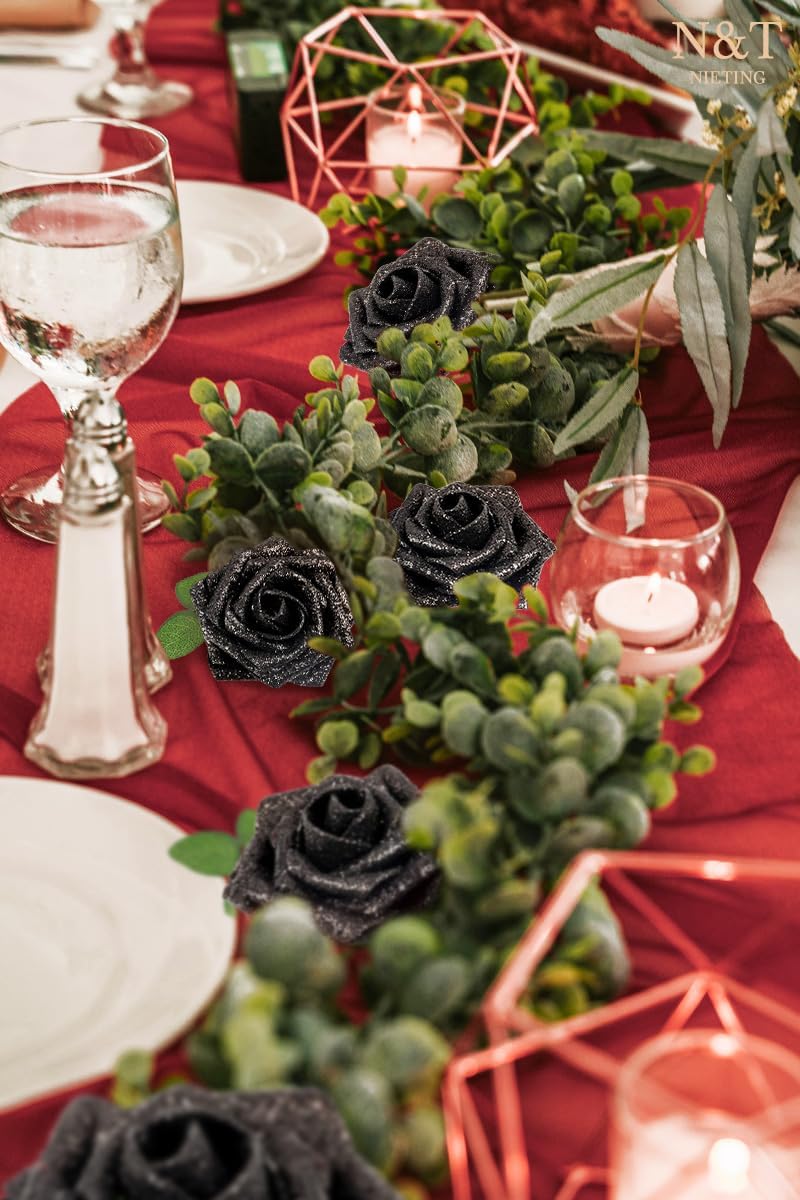 N&T NIETING Artificial Flowers Black Glitter Flowers Foam 25pcs Glitter Roses Real Looking Fake Roses with Stem for DIY Wedding Bouquets Centerpieces Bridal Shower Party Home Decorations