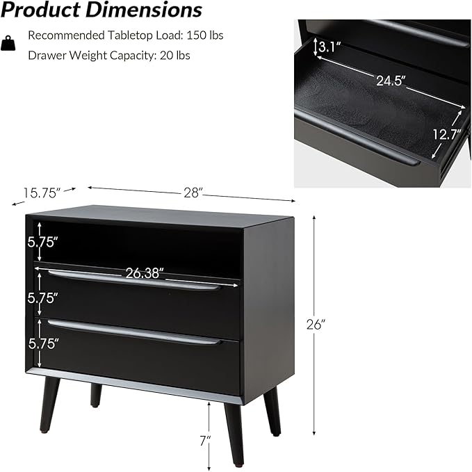 HULALA HOME End Table with Charging Station, Mid-Century Modern 2 Drawer and - Image 2