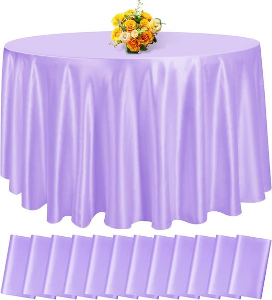 fani 12 Pack 108 Inch Lavender Satin Tablecloth - Silky Round Tablecloth Overlay Smooth Fabric Table Cover, Bright Table Decoration for Wedding Party Banquet Events Restaurant Kitchen Dining