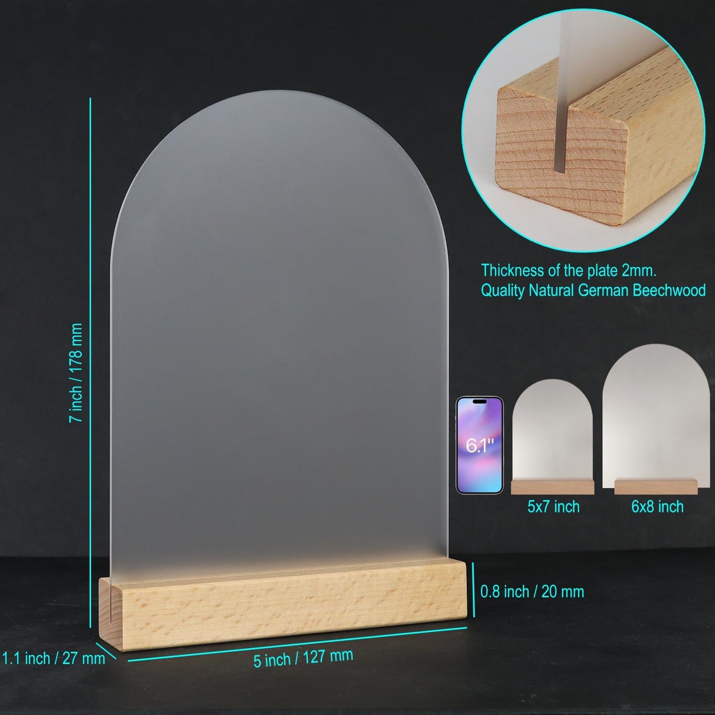 Frosted Blank Arch Acrylic Sign with Wooden Stands - 10 Pack DIY Customizable Sign Kit for Wedding Table Numbers, Restaurant Party Bridal Shower (5x7 Inch)