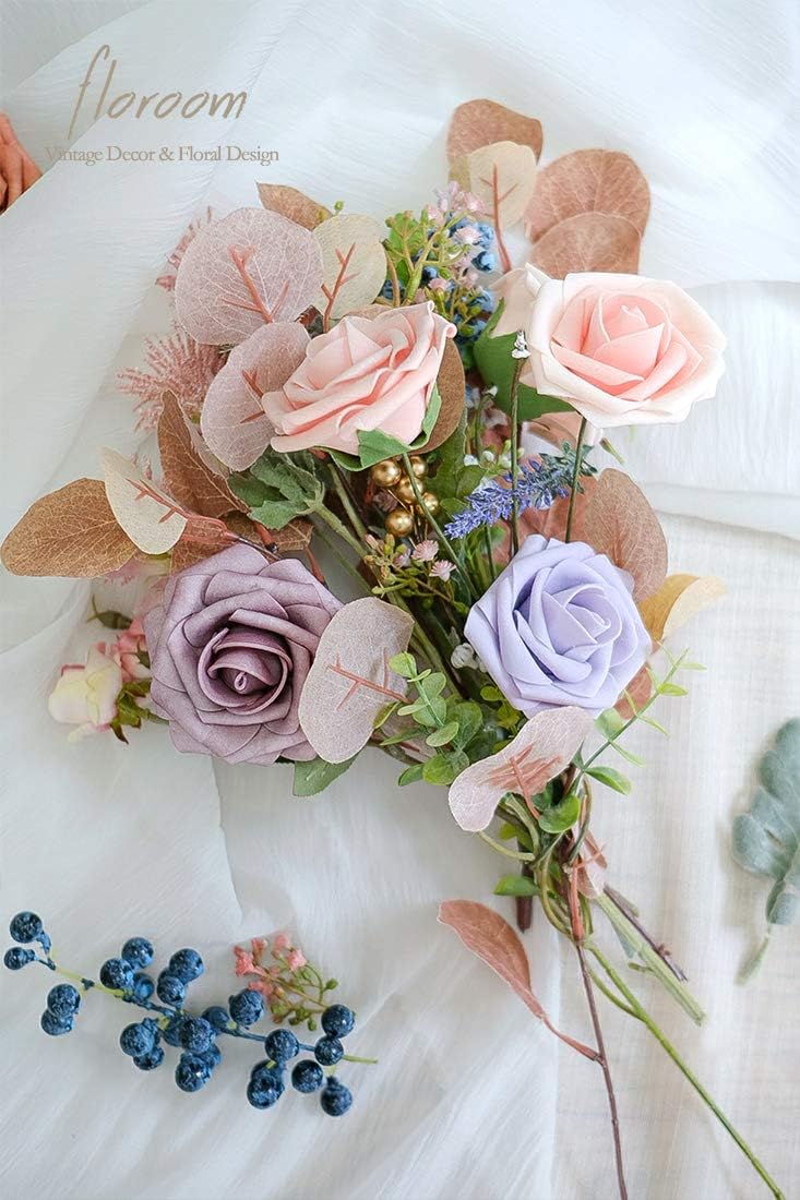 Floroom Artificial Flowers 25pcs Real Looking Blush Heirloom Foam Fake Roses with Stems for DIY Wedding Bouquets Pink Bridal Shower Centerpieces Floral Arrangements Party Tables Home Decorations