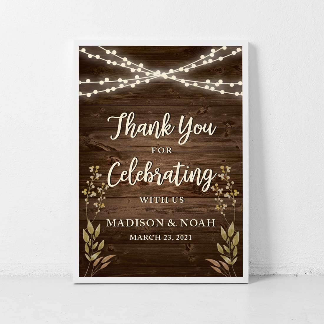 Andaz Press Personalized Extra Large Wedding Easel Party Sign, 12x18-inch, Rustic Wood with Hanging Ball Lights and Florals, Thank You for Celebrating With Us Bride Groom Name Date, 1-Pack, Custom