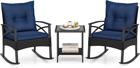 Tangkula 3 Pieces Outdoor Rocking Chairs Set, Rattan Heavy Duty Cushioned by TANGKULA