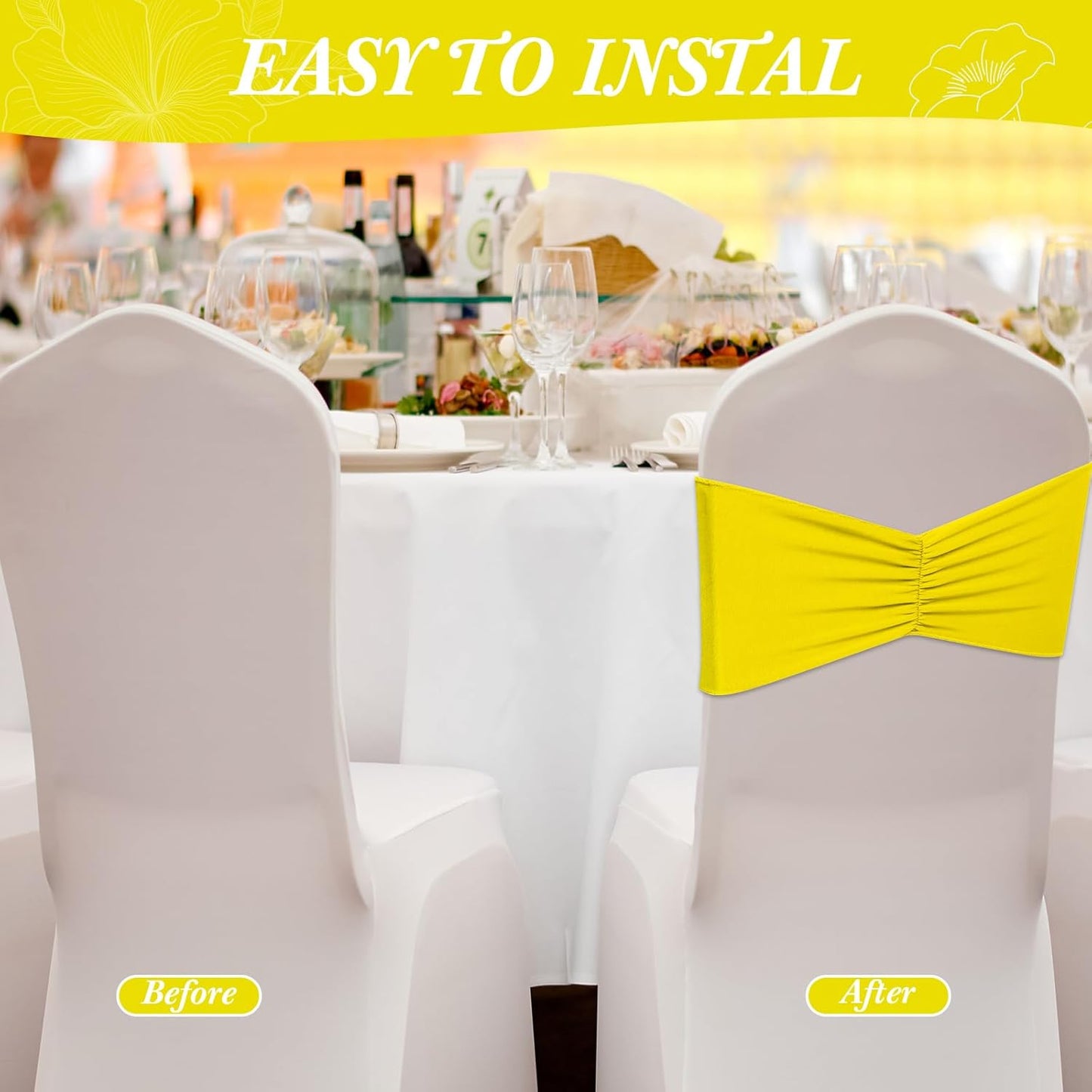 Moukeren 100 Pcs Spandex Chair Sashes Bows Bands Slider Sashes for Chair Covers Elastic Bands Ties Ribbon Decorations for Wedding Party Events Ceremony Birthday Banquet(Yellow)