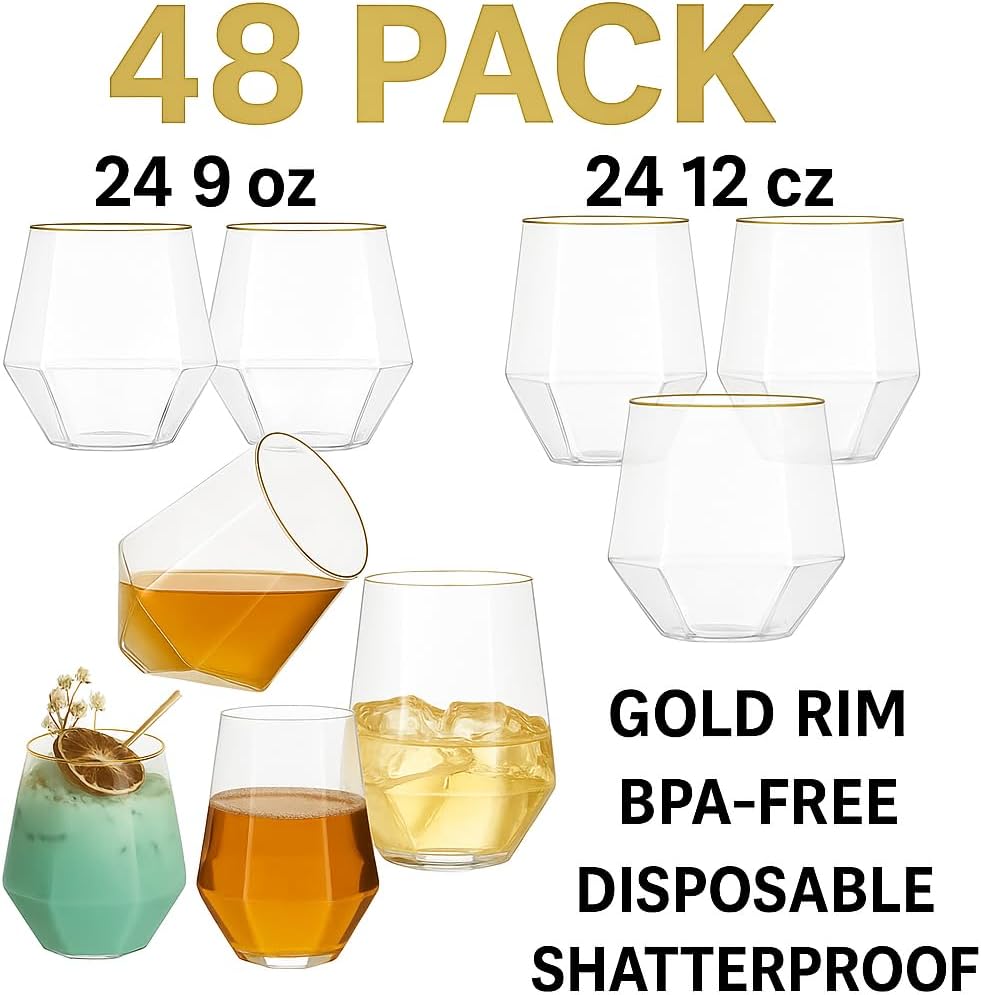 48 Pack Diamond Gold Rim Unbreakable Stemless Plastic Glasses 24 9oz Stemless Champagne Flutes & 24 12oz Cups BPA-Free, Disposable, Shatterproof Drinkware for Weddings, Bars, Events and parties