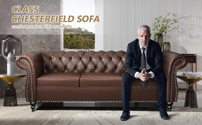 AVZEAR Chesterfield Leather Sofa 3 Seater Couch, Mid-Century Large Sofa Roll - Image 6