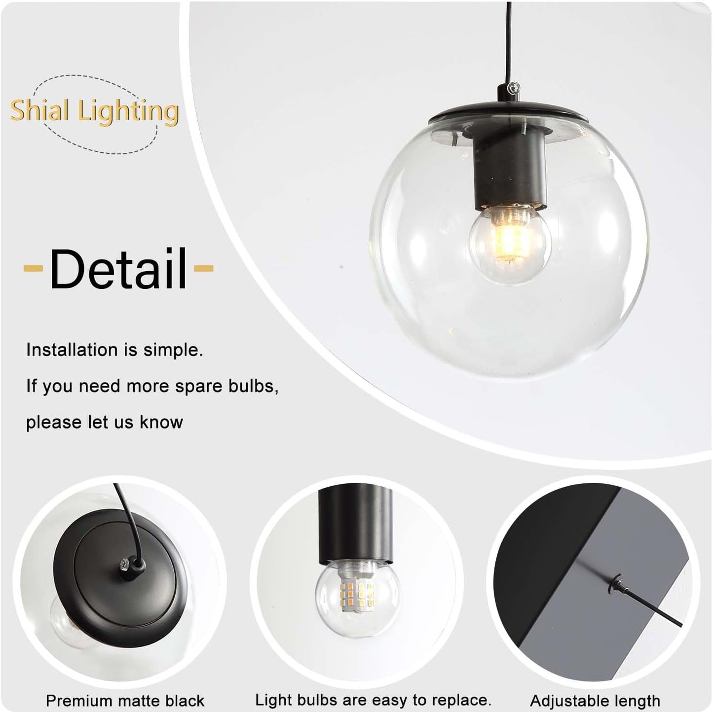 Globe Glass Pendant Light Modern Black Clear Globe Glass Chandelier Mid Century Chandelier 3-Light Hanging Fixture for Kitchen Island Foyer Hallway Dining Room