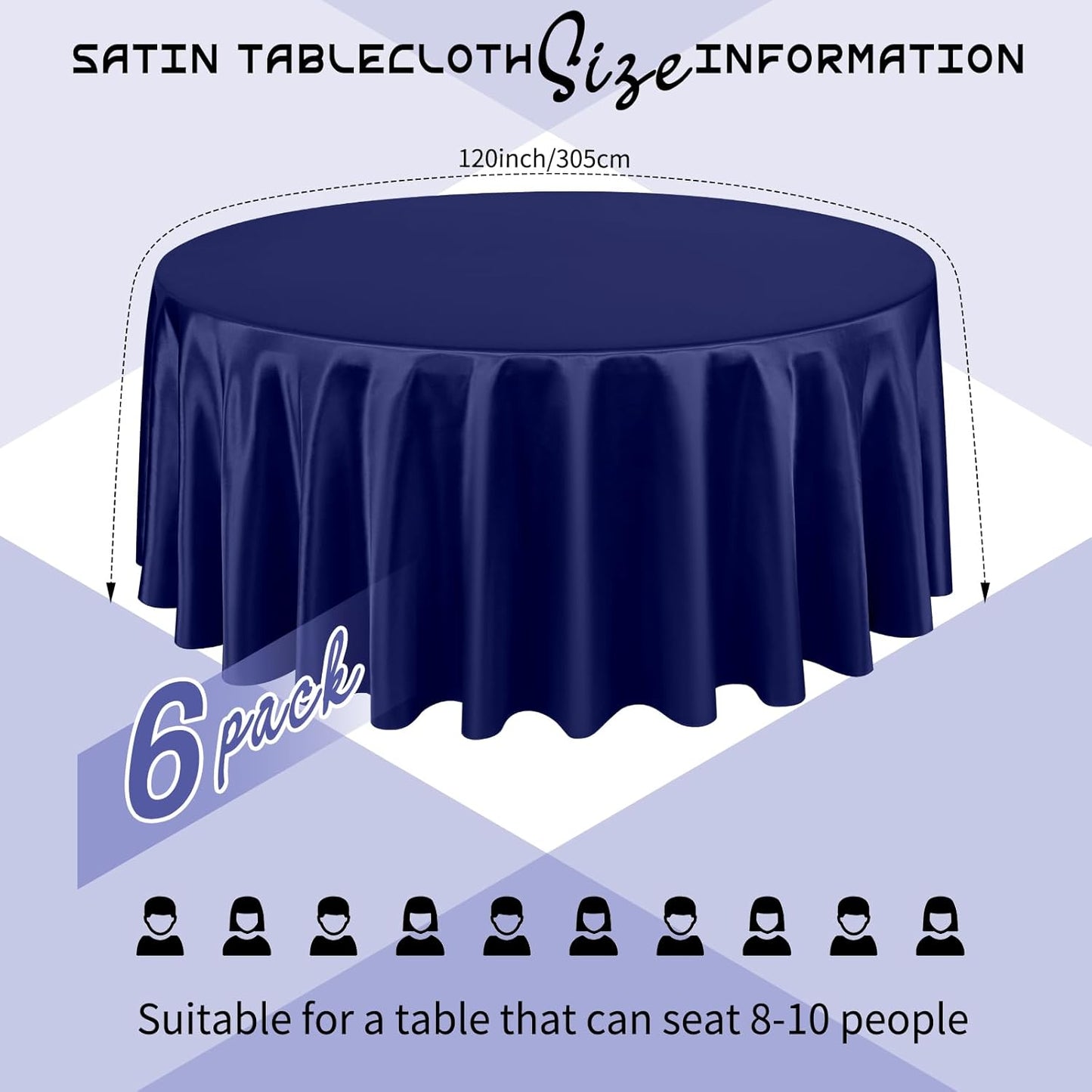6 Packs Satin Tablecloth 120 Inch Navy Blue Round Table Cloth Silk Tablecloth Smooth Fabric Overlay Satin Table Cover Decoration for Wedding Party Banquet Events