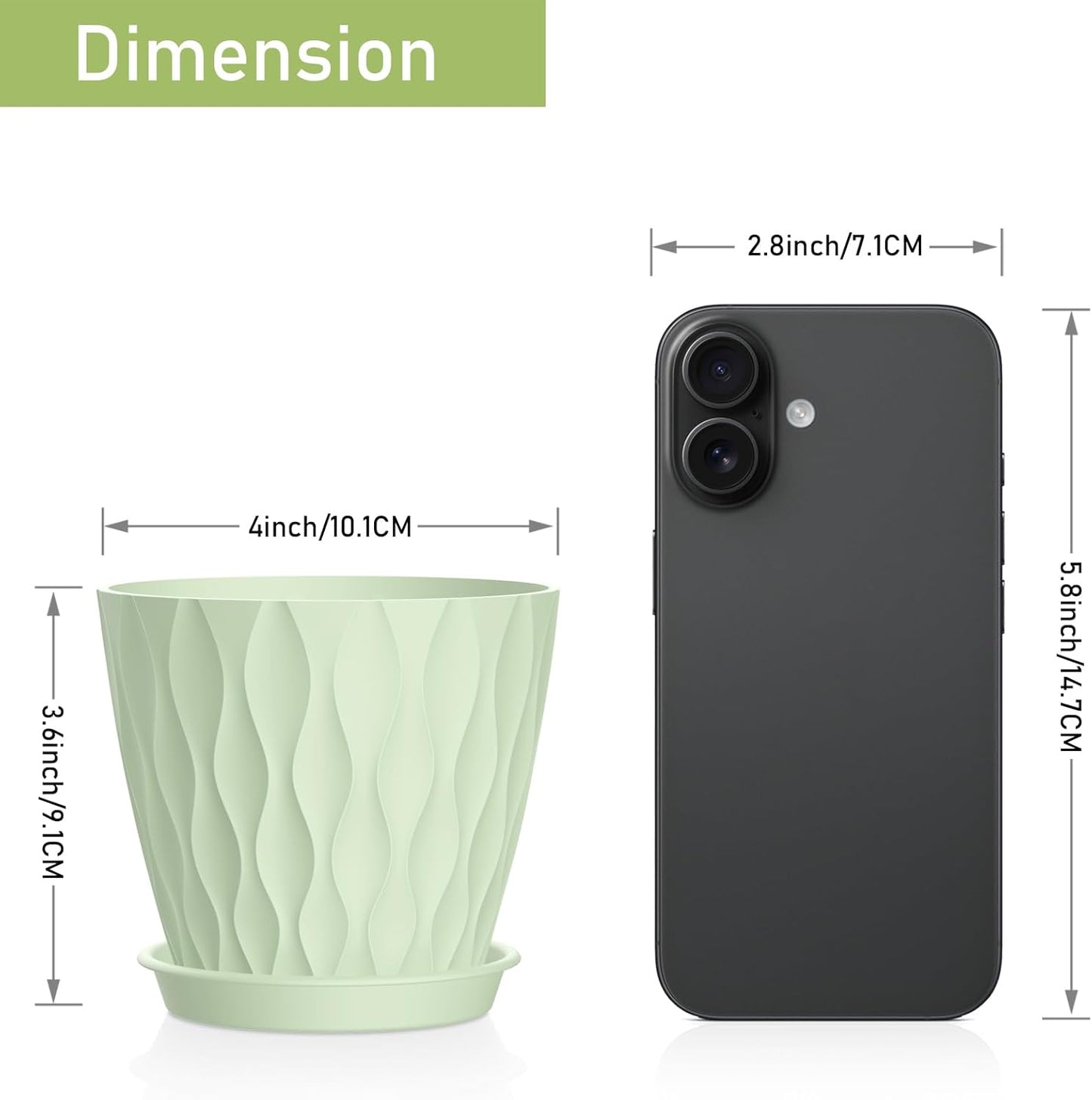 12 Pack 4 Inch Small Plant Pots with Saucers, Waffle Texture Plastic Planters with Drainage Holes for Indoor and Outdoor Plants, Flowers, Herbs, Succulents, and Seedlings, Green