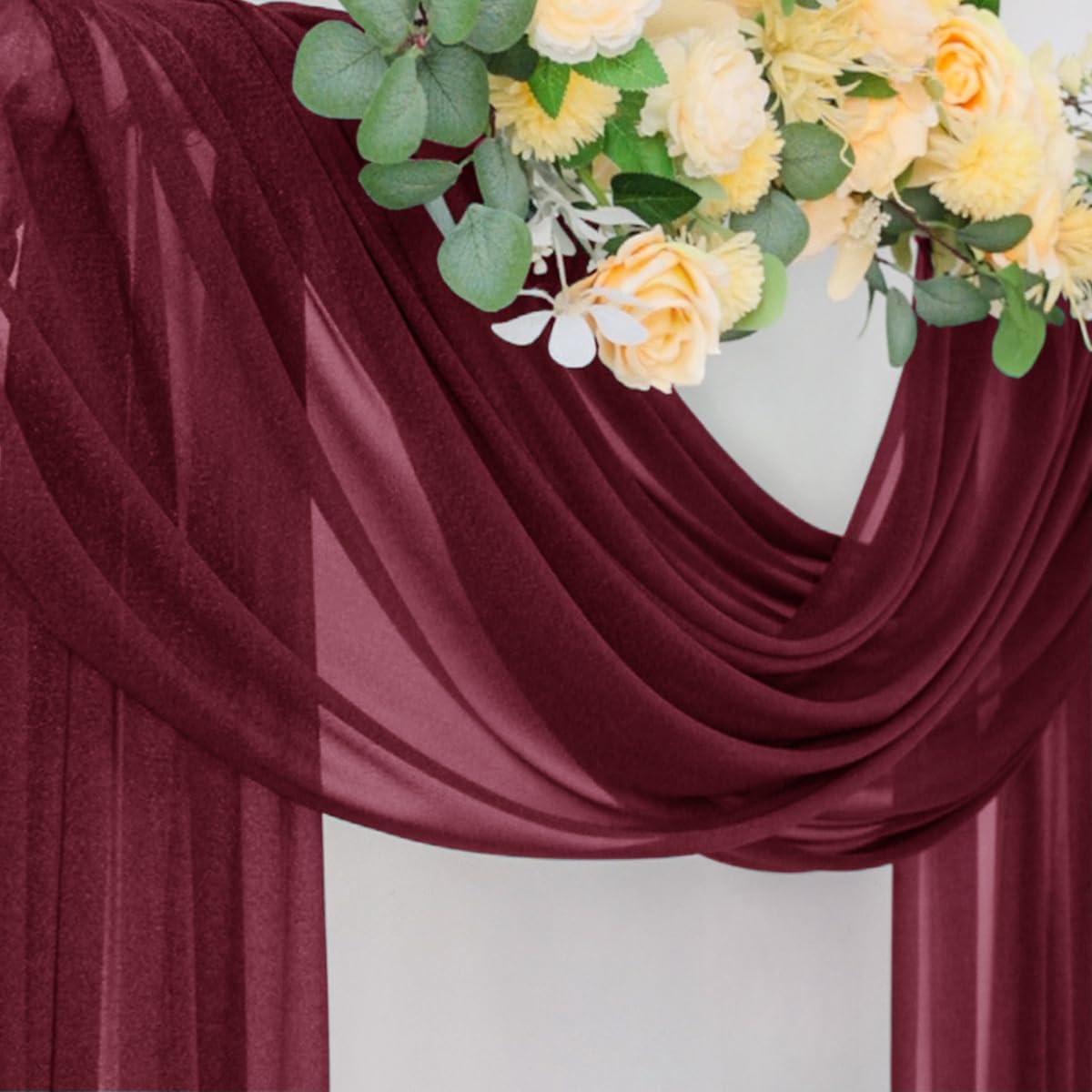Socomi Wedding Arch Draping Fabric 29" x 20Ft 1 Panel Burgundy Sheer Outdoor Curtain Drapes Extra Long for Bridal Baby Shower Ceremony Birthday Party Decor