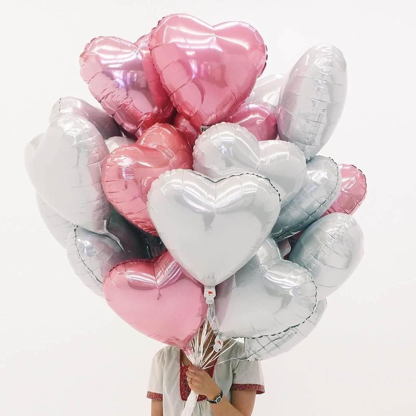 10Pcs Grey White Foil Heart Shaped Balloons 18 Inch Mylar for Baby Shower, Wedding, Valentine Decorations - Love Party Decor