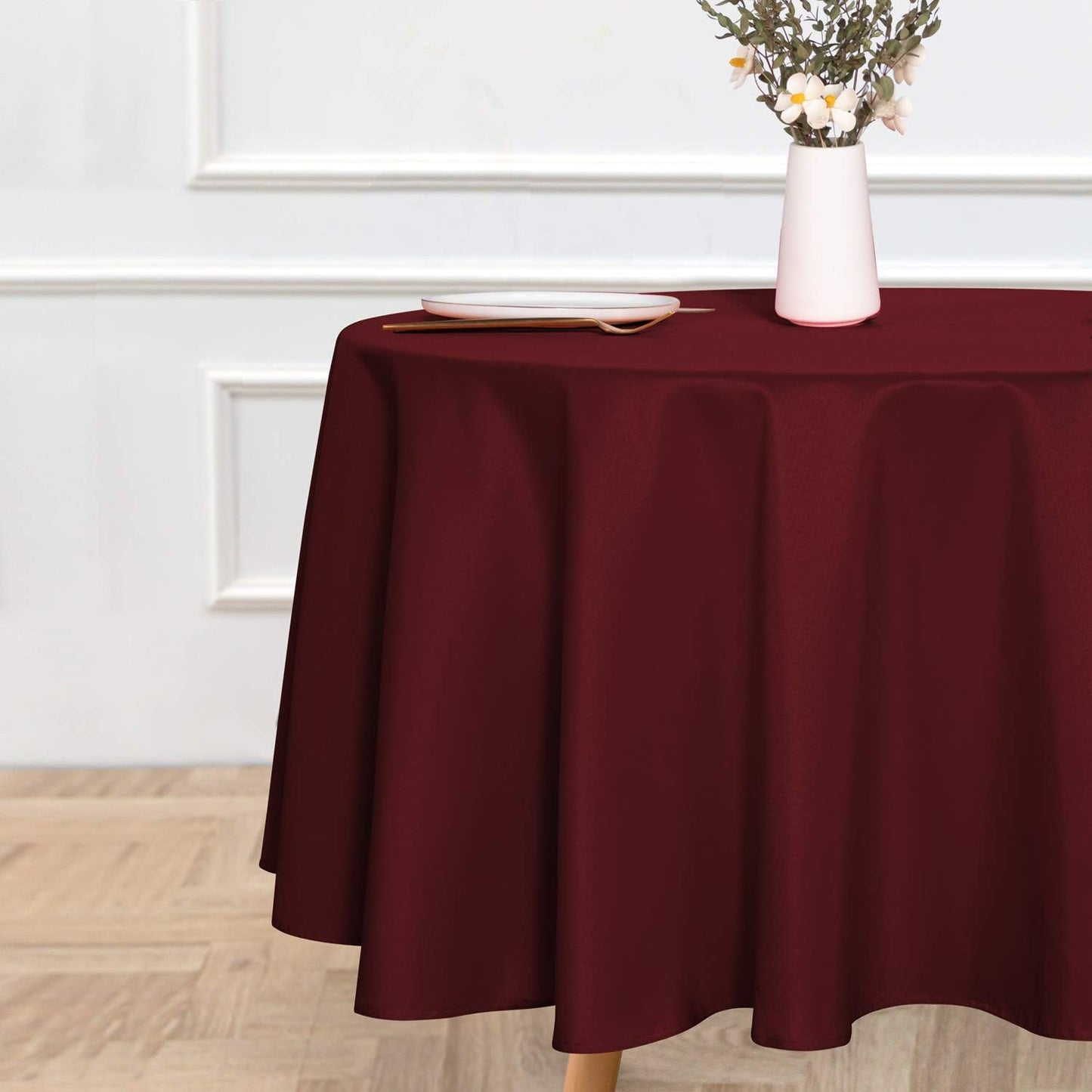 sancua Round Tablecloth - 90 Inch - Water Resistant Spill Proof Washable Polyester Table Cloth Decorative Fabric Table Cover for Dining Tables, Buffet Parties and Camping, Burgundy