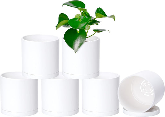 D'vine Dev 6 Pack 5 Inch Modern Plastic Plant Pots, Small Garden Planters for Plant with Drainage Holes and Saucers, White Color, 74-Z-G-3