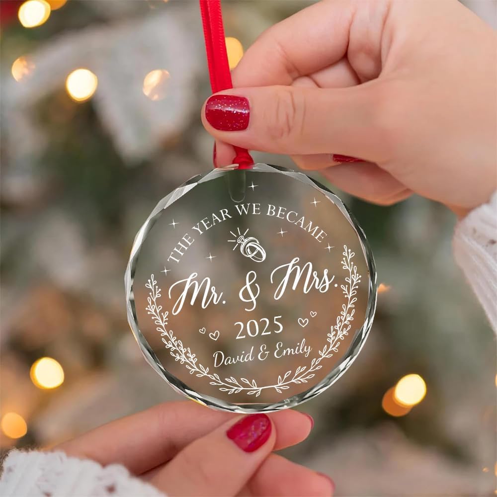 Personalized Wedding Christmas Ornaments - Mr And Mrs Gifts - Wedding Gift Ideas For Couples 2025, Bride, Future Mr And Mrs - Bridal Shower Gift Ideas - 1St Married Christmas Glass Ornament