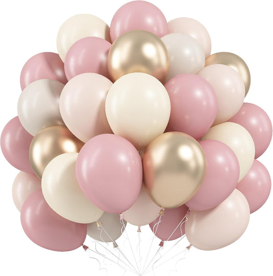 Dusty Pink Beige Balloons, 60 Pcs 12 Inch Pink Sand White Balloons, Metallic Gold Nude Cream Balloon for Girls Women Birthday Pastel Bridal Shower Boho Wedding Baby Shower Engagement Party Decoration