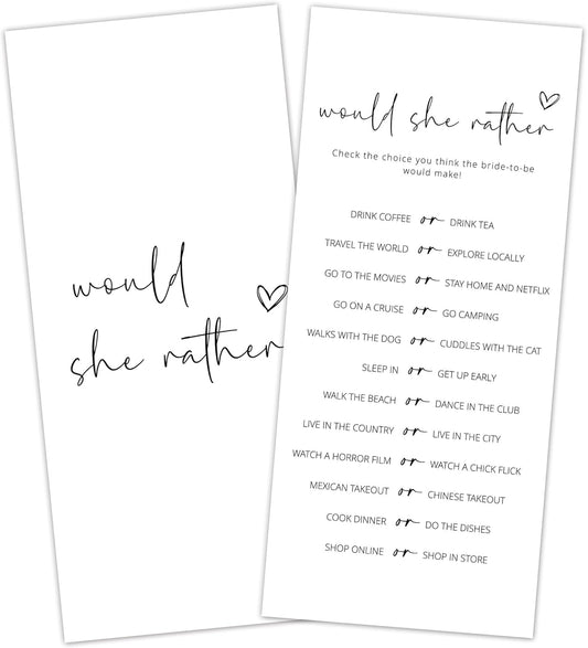 Bridal Shower Games, Would She Rather, 25Pcs 4x9inch Minimalist White Double-Sided Bridal Game Cards, Wedding Shower Games for Guests, Engagement Bachelorette Party Supplies - A15