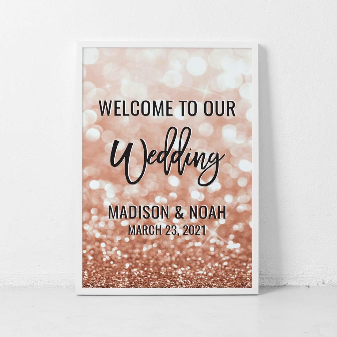 Andaz Press Personalized Extra Large Wedding Easel Board Party Sign, 12x18-inch, Glitzy Faux Rose Gold Glitter, Welcome to Our Wedding Bride Groom Name Date, 1-Pack, Custom