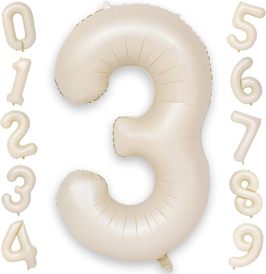 40 Inch Beige Numbers Balloons 3, Large Self Inflating Cream White Digit 3 Helium Balloons for 3rd Birthday Girls Boys, Foil Mylar Number 3 Balloons for Women Birthday Party Anniversary Decorations