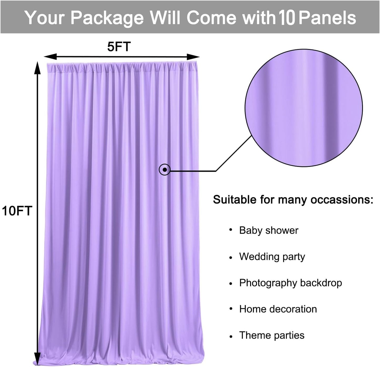 50 ft x 10 ft Wrinkle Free Lavender Backdrop Curtain for Parties, Polyester Light Purple Photo Backdrop Drapes 10 Panels 5x10ft for Baby Shower Photoshoot Wedding Birthday Party Photography Curtains