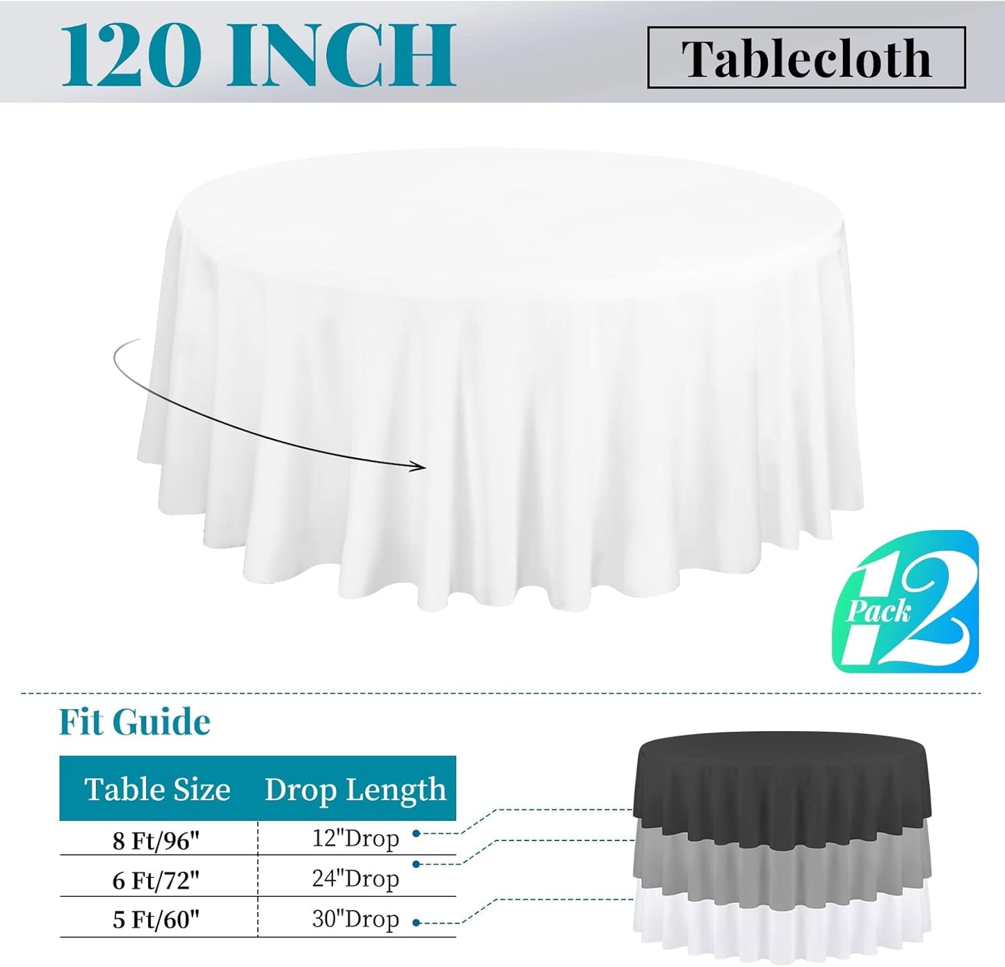 12 Pack 120 Inch Round Tablecloth, White Polyester Fabric Table Cloth for Round Table, Washable Tablecover for Wedding Party Dining Buffet Banquet Restaurant and Camping