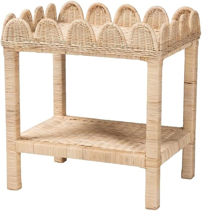 Pemberly Row Bohemian Scallop Side Table, Natural Rattan and Mahogany Wood by PEMBERLYROW