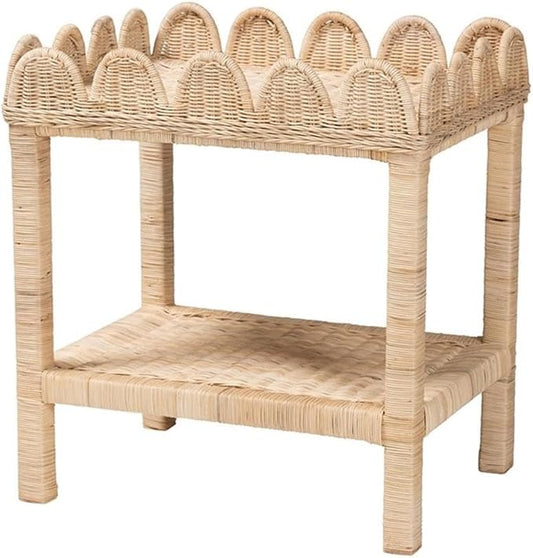 Pemberly Row Bohemian Scallop Side Table, Natural Rattan and Mahogany Wood by PEMBERLYROW