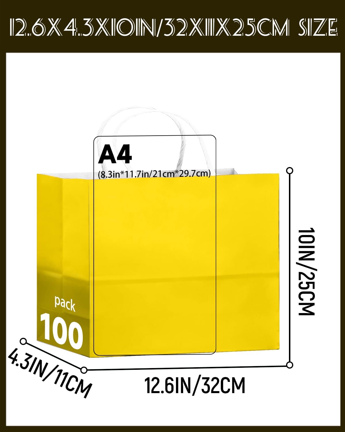 qiqee 100PCS Large Gift Bag with Handles Bulk 13"x4.5"x10" Gift Bags Bright Yellow Multiple Uses (32x11x25cm,Wide Large)